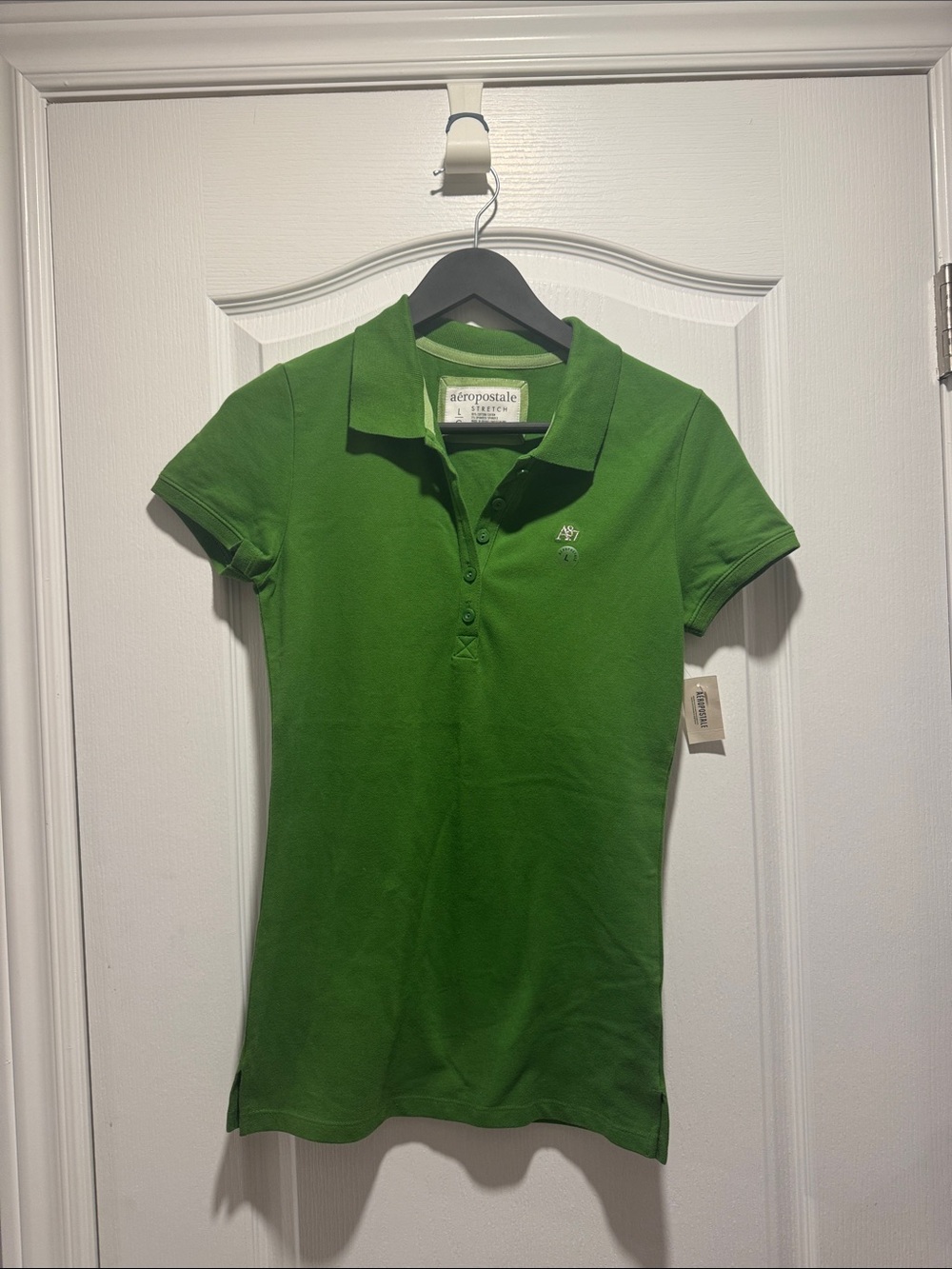 39-Aeropostale Green A87 Embroidered Short Sleeve Stretch Polo Shirt Size L
